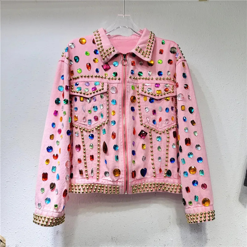 Womens rainbow diamond bead pink denim jacket loose rhinestone long sleeved crystal cardigan rivet top 250423