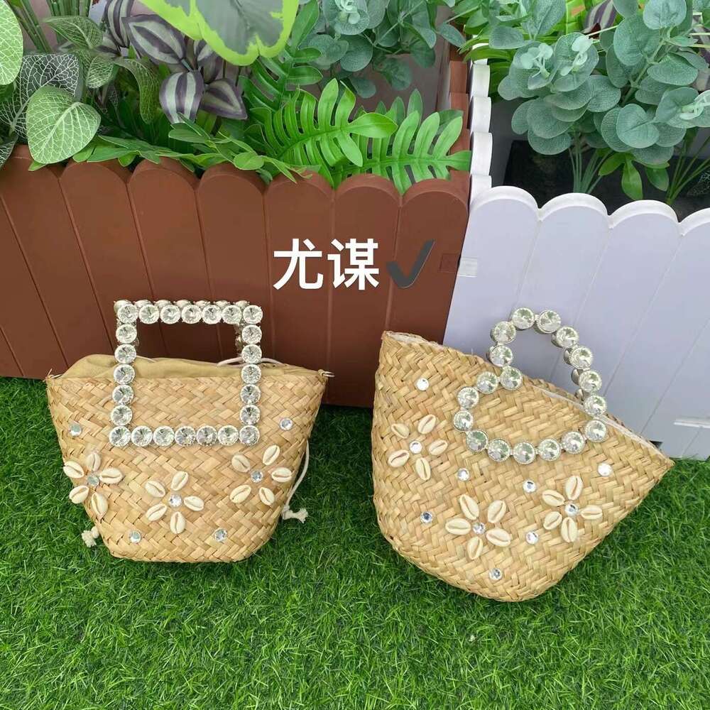 Ins Style Resort Beach Bag Vacation Beach Weaving Grass Woven Vegetable Basket Shining Diamond Love Flower Shell Water Bucket Hand Carrying Crossbody 