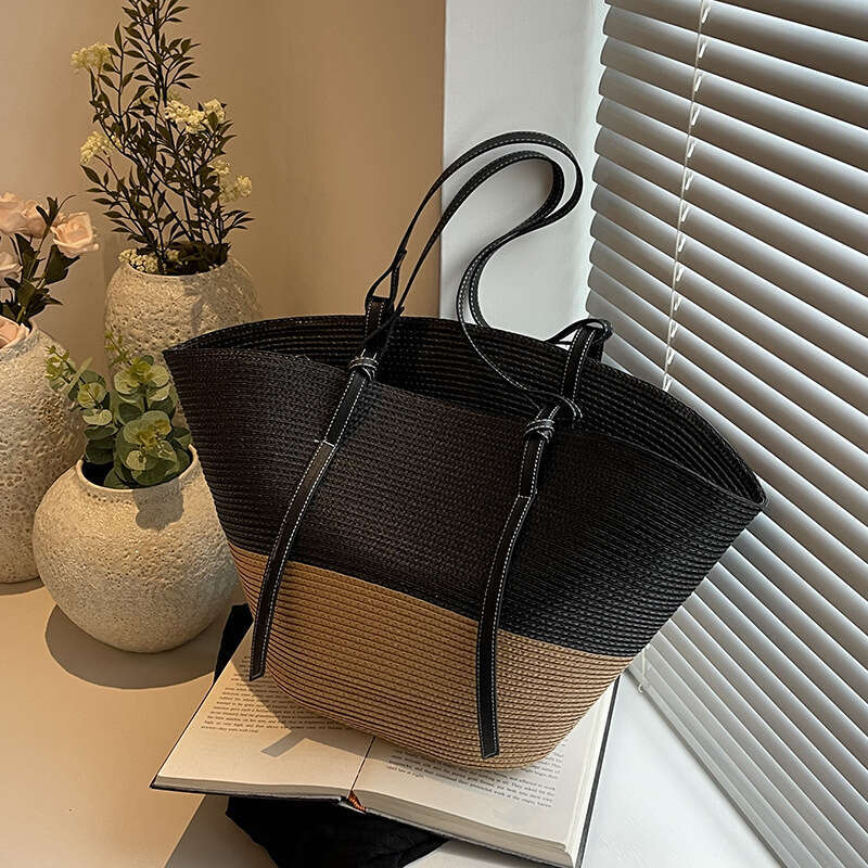 Ins Style Resort Beach Bag Summer Popular Color Blocking Large Capacity For Women New Beach Vacation Grass Woven Bag Single Shoulder Tote Bag KQ