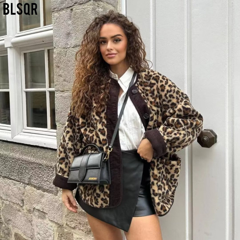 Womens autumn and winter American leopard print casual loose long sleeved jacket for women y240823