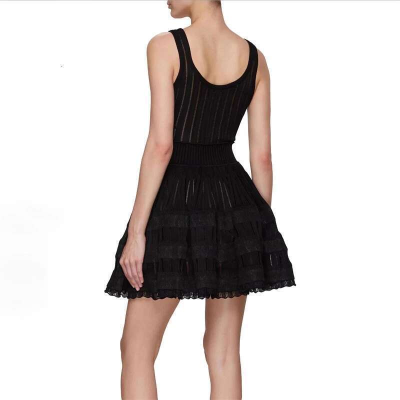 Summer 2025 Slim Fit Elastic Pleated High Quality Fashioncasual Folded Hollow Knitted U-Neck Strap Dress A-Line Mini Skirt