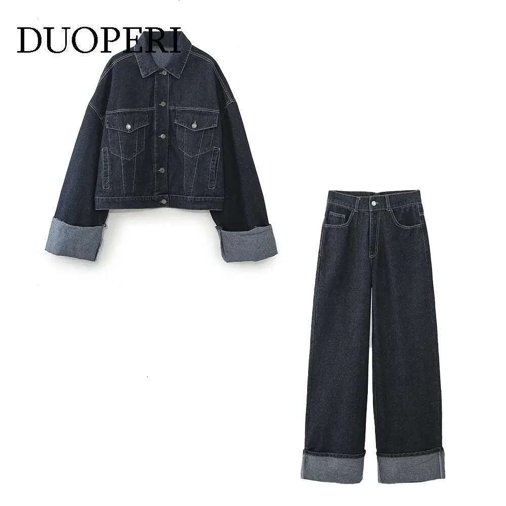 Designer Clothes DUOPERI Women Fashion 2 Pieces With Pocket Denim Blue Jackets & Front Zipper Trousers Feamle Chic Lady Pants Sets