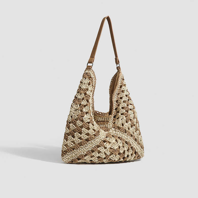 Woven Bag Beach Handmade Grass Woven Hollow Bag Square Flower Triangle Contrasting Color Woven Single Shoulder Tote Handbag