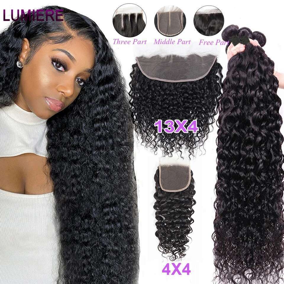 32 40 Inch Water Wave Peruvian Deep Hair Weave Bundles With Frontal HD Transparent Lace Closure And Bundle