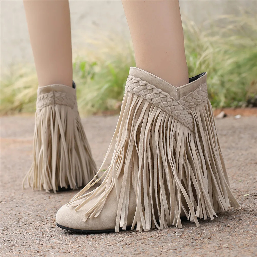 2024 Fashion Autumn Winter Ethnic Woman Bohemian Flock Tassle Hidden Moccasin Ankle Boots Fringe Female Slip On Shoes 250418