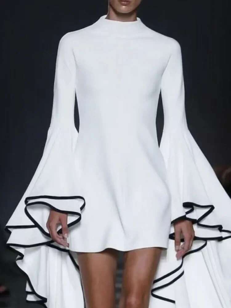 Women Fashion Elegant Flared Sleeves Party Evening Mini Dresses 2024 New Autumn Stand Collar Slim Fit White A-Line Dress