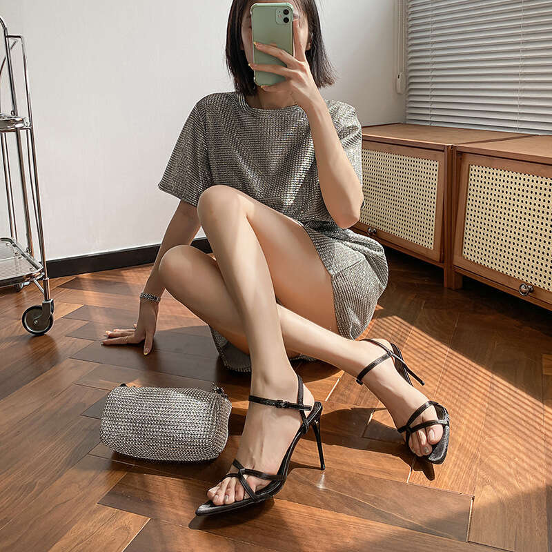 Woman Sandals High Heeled Summer New Style Open Toed Flat Buckle Sandals With Thin Heels And Black Cross Straps Sexy Women S Shoes
