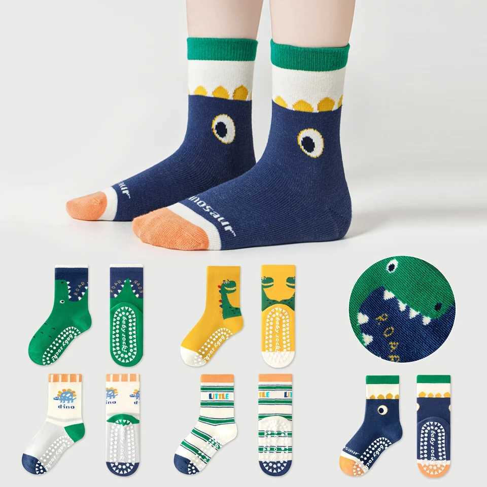 5 Pairs of CHIldrens Floor SOCKS with Letter Stripes BigEyedD inosaurP atternB oysa ndG irlsB abyT oddlerS oftSoledIn doorNo nSlipMid CalfSock sSuit a