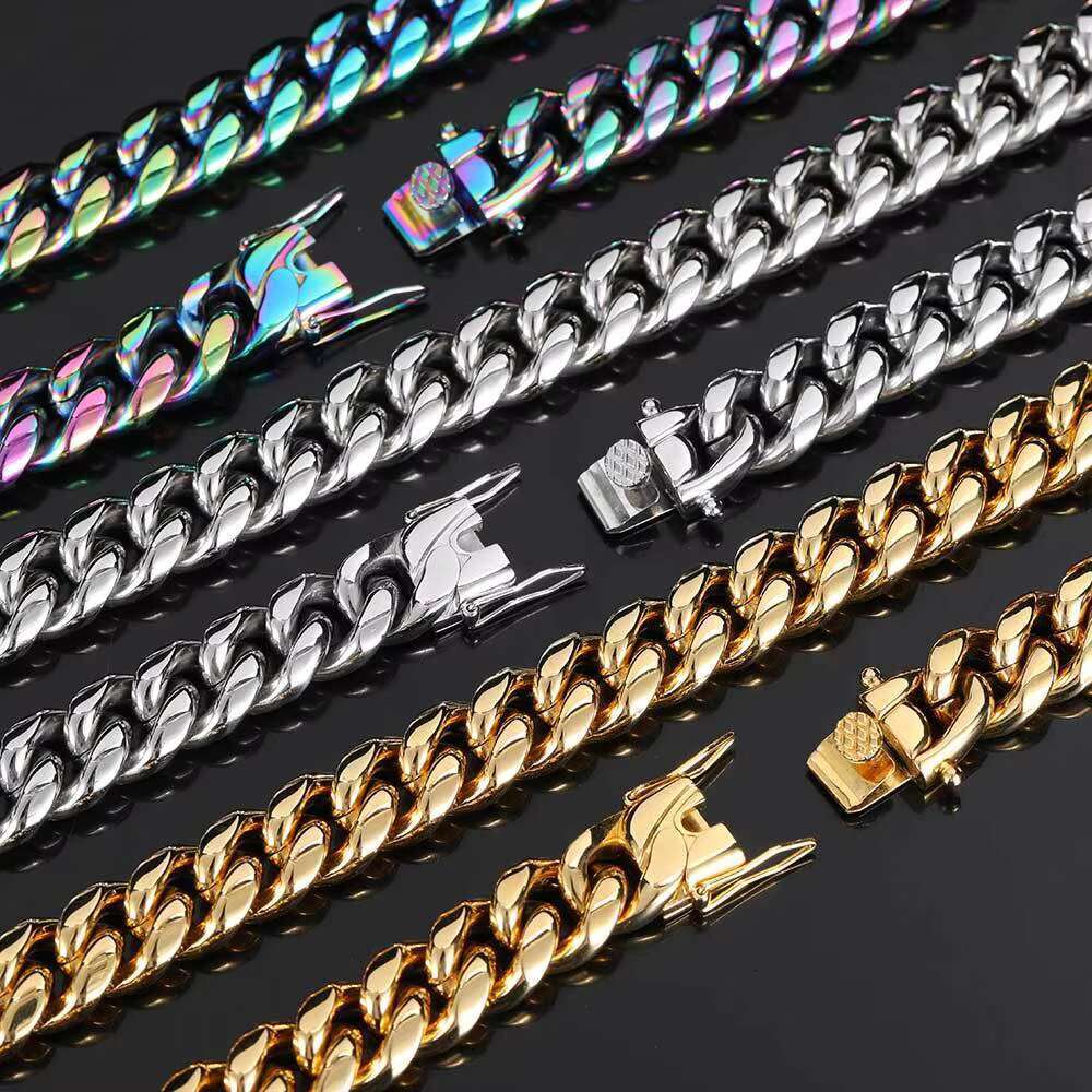 Fashion Jewelry Hip Hop Stainless Steel Jewelry Cuban Curb Link Miami Chain 14k 18k Gold Plated Bracelet Necklace for Men