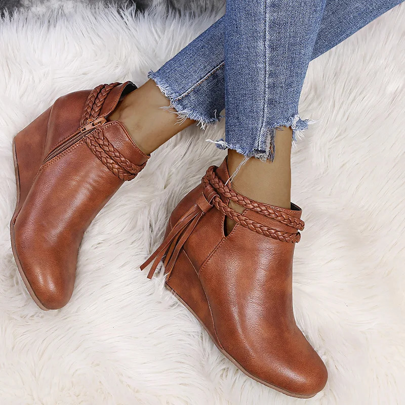 Retro Women Platform Boots Tassel Wedges Boots Women Zipper Solid Color Short Booties Round Toe Shoes for Women Zapatos De Mujer 250418