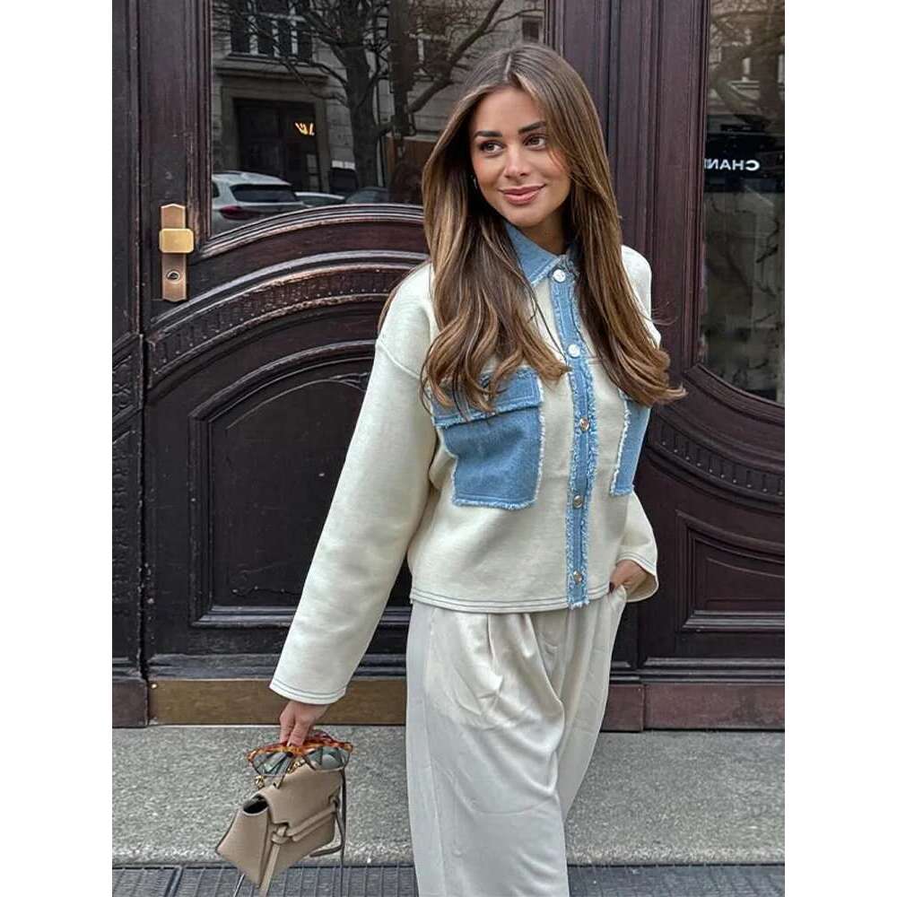 Y2k Women Patchwork Jacket Coat Lapel Long Sleeves Jeans With Packets Spring Casual Lady Denim Coats Designer Outwear Top