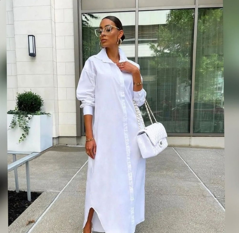 Autumn Long Dress Long Sleeve Shirt Dress Women Character Print Pockets Side Split Button Maxi Loose Casual White Shirt Dress 200928