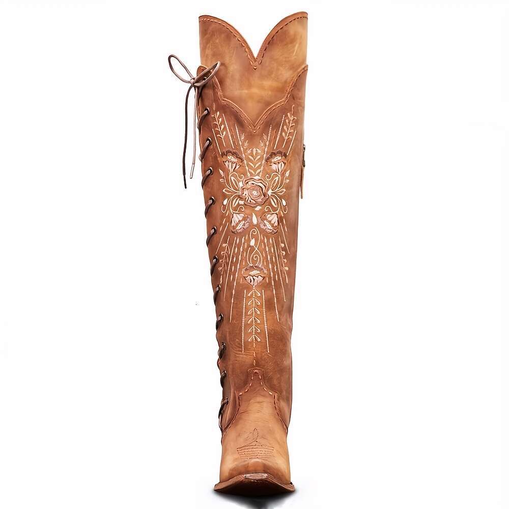 Women's Western Cowgirl Wide Calf Embroidered Pointed Toe Over-The-Knee Mid-Heel Lace-Up & Side Zipper Faux Cover Boots For Dresses Jeans All-Sea