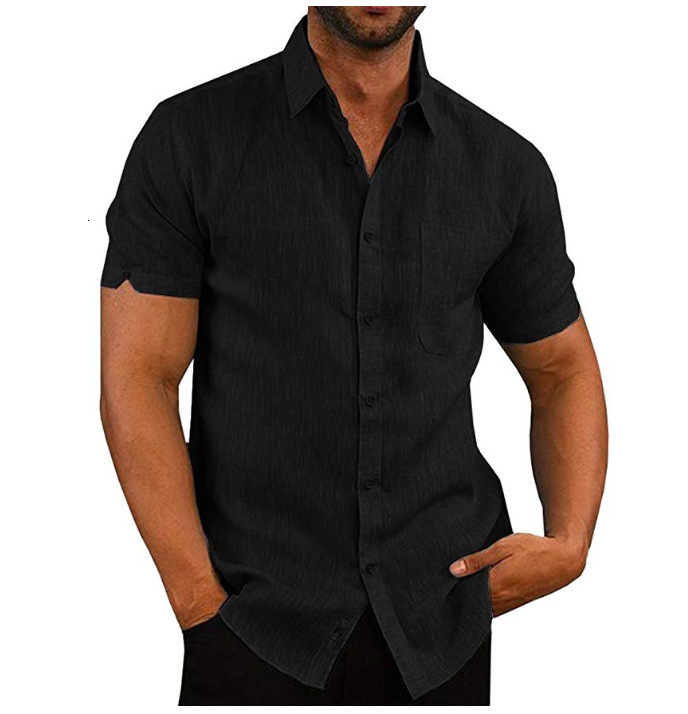 Summer 2019 Lapel solid short sleeve button mens Linen Shirt Mens wear