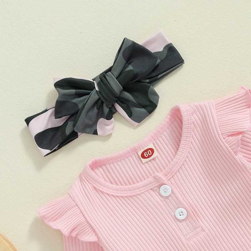 Clothing Sets 2024-05-27 Lioraitiin Baby Girl 3 Piece Fall Outfit Long Sleeve Ribbed Solid Color Romper Camouflage Flared Pants Headband R250424