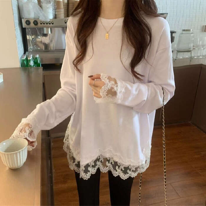 2025 Spring Women's New Lace Splicing Round Neck Bottom Shirt American Long Sleeve White Cotton T-Shirt For Women