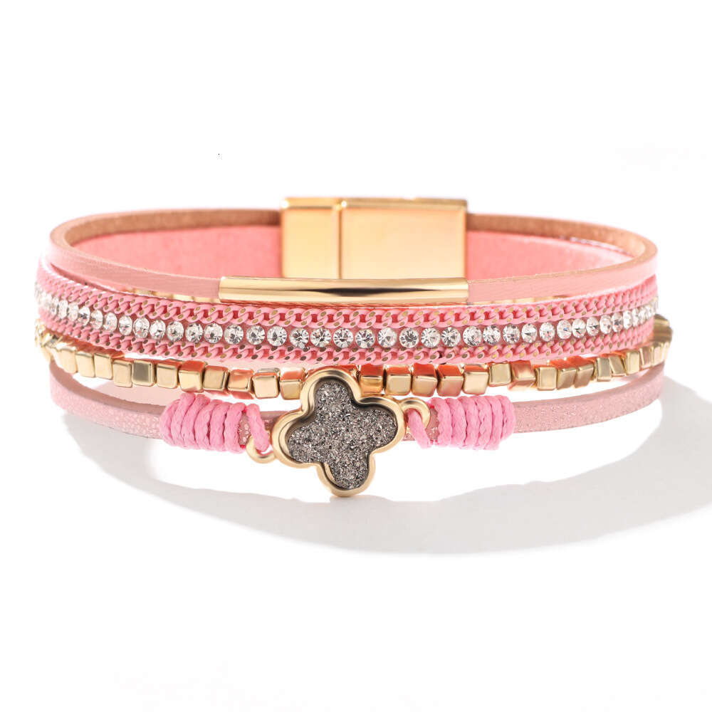 The new Bohemian four leaf clover studded dia multi-layer leather magnetic buckle is exquisite, fashionable, and high-end bracelet