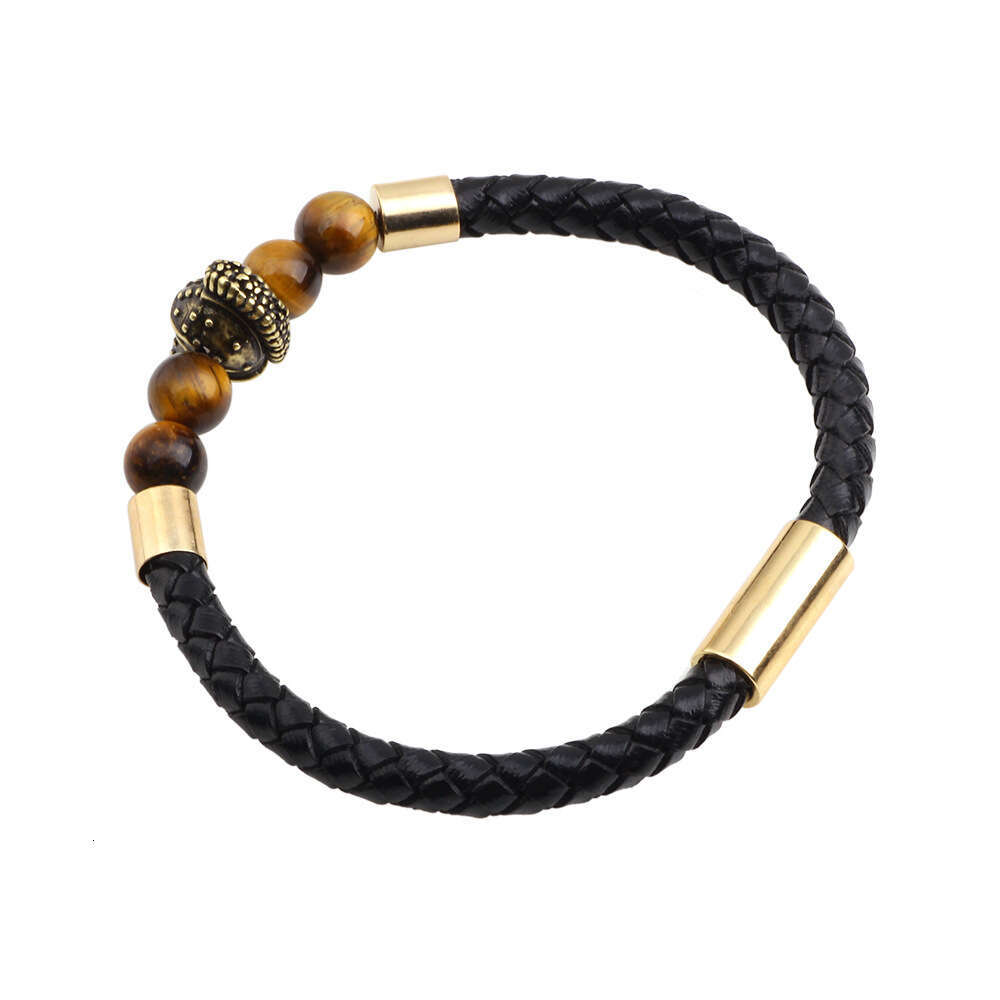 Nimei New Roman Personalized Fashion Knight Helmet Black Matte Tiger Eye Stone Genuine Leather Bracelet
