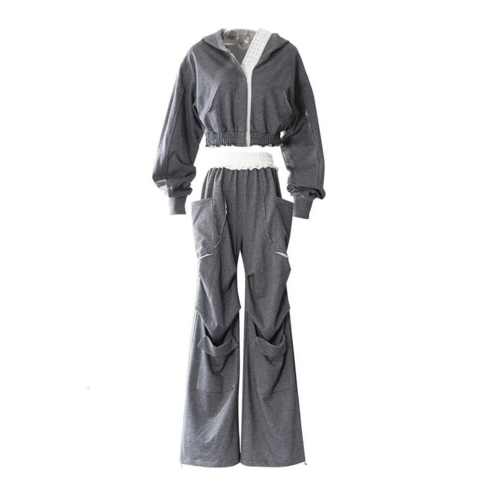 ZOCI Women's Gray Sweatshirts 2Pcs Pockets High Waist Sweatpants Solid Color Pleated Wide Leg Trousers Sets 2025 New Fc1353
