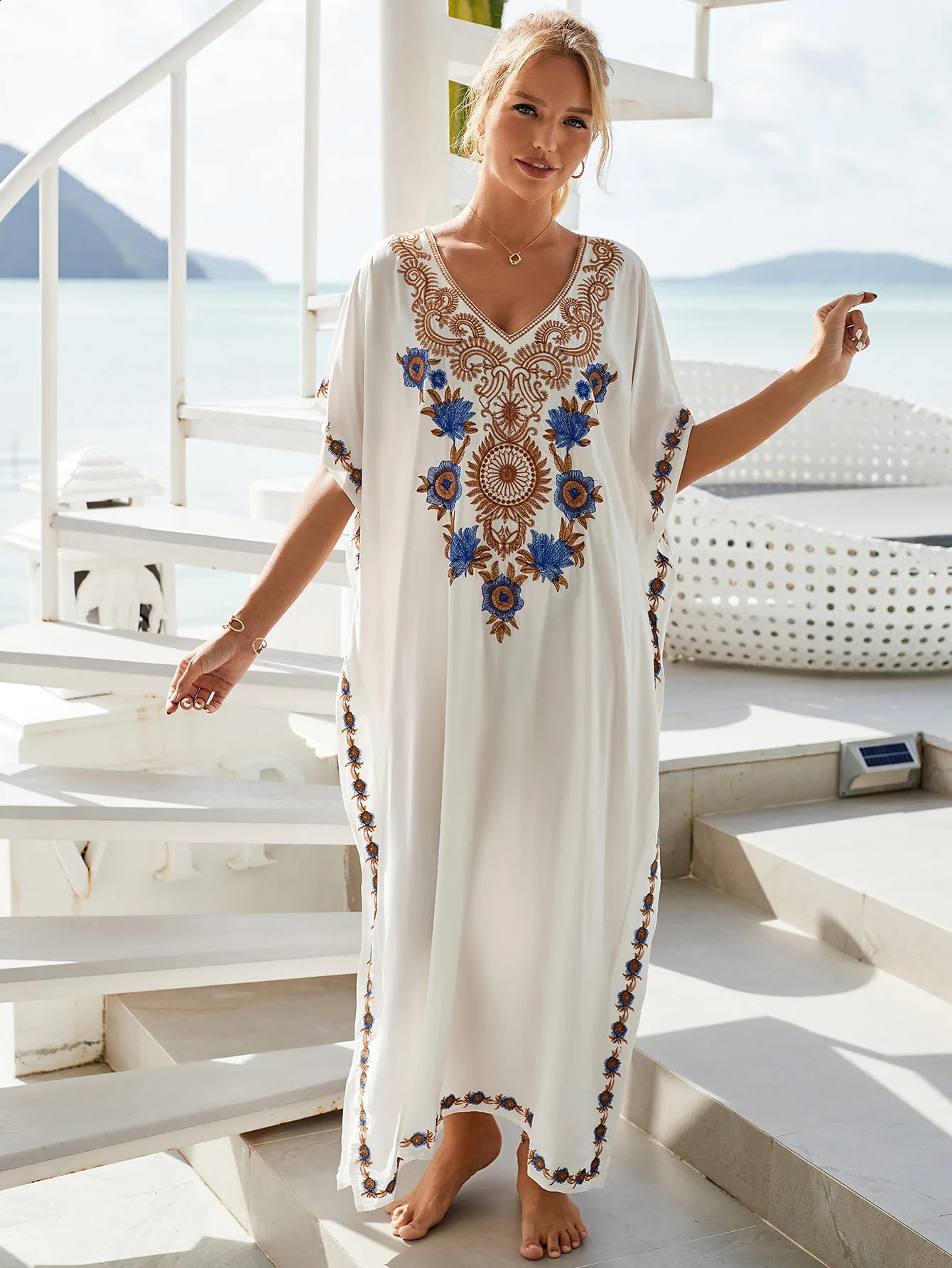 Embroidered Vneck plus size Kaftan womens Bohemian beach dress long skirt 250422