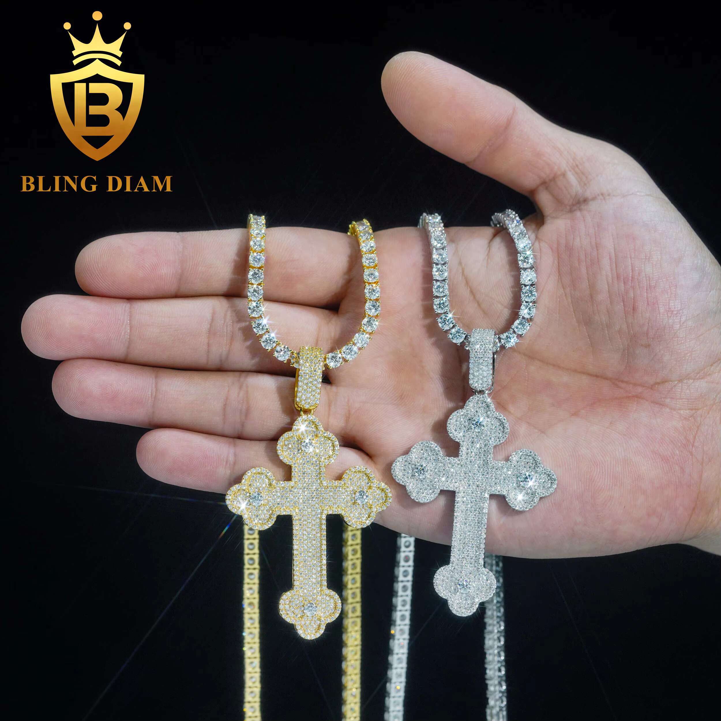 Solid 925 Sterling Silver Hip Hop Moissanite Cross Pendant High Quality Iced Out Hip Hop Pendant for Tennis Chain Necklace