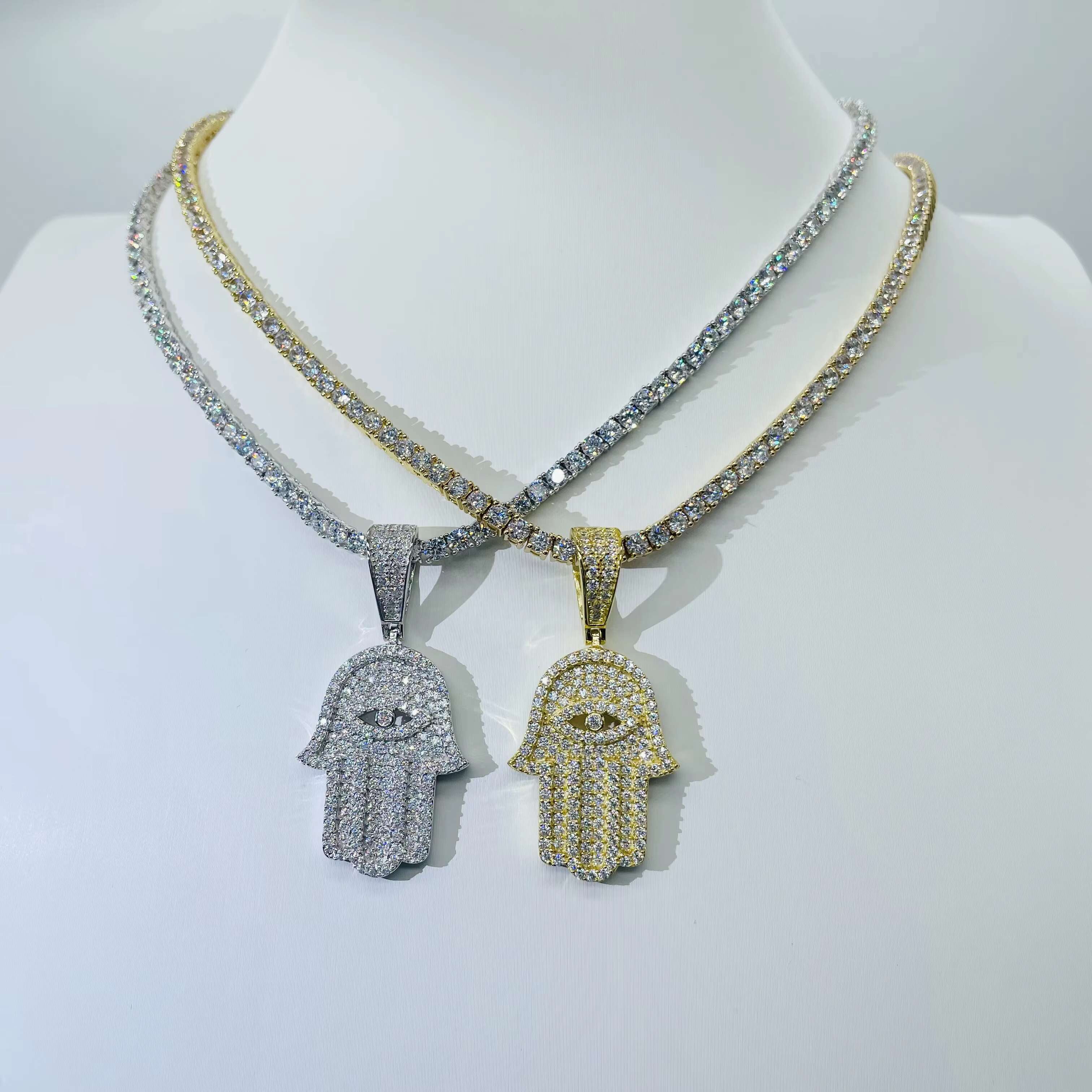 Moissanite Hip Hop Jewelry Women Men 925 Sterling Silver Hamsa Hand Moissanite Iced Out Pendant