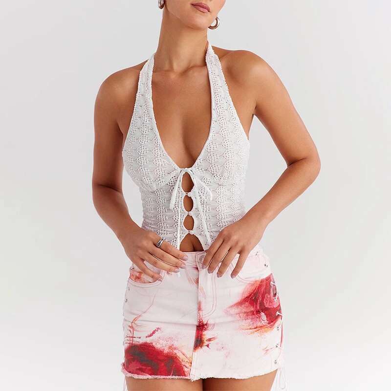 Dongdumaoyi Townlike Slim Bodycon Wrap Waist Hollow Out Lace Sexy Party Halter Crop Women Corset Top Summer Streetwear Women S Tight Underwear