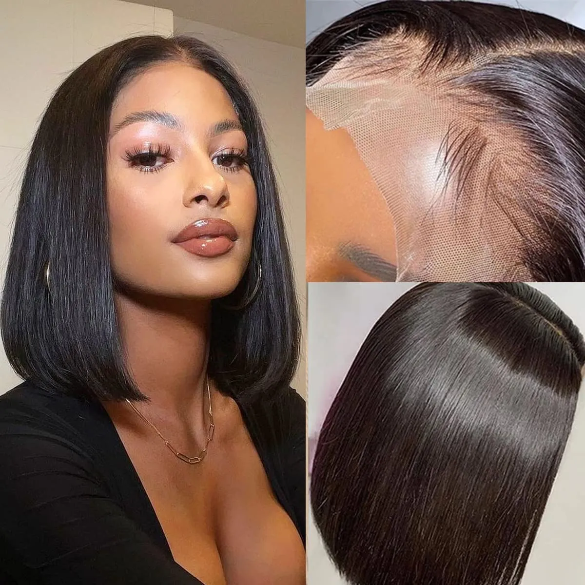 Short Straight Black Human Hair Bob Wig Really Human Hair For Women Preplucked Hairline Fashion Glueless Wigs Free Style Lace Front Wig Bob Highlight 