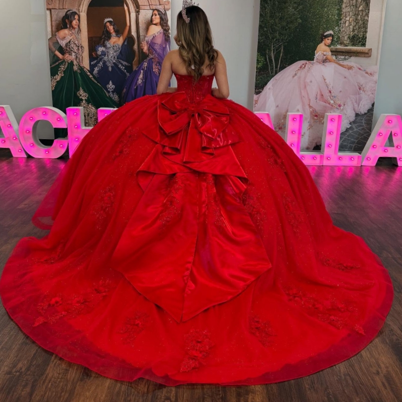 Red Princess Quinceanera Dresses Off Shoulder Applique Lace Beads Bow Tull Sweet 16 Dress Ball Gown Vestidos 15 De Anos