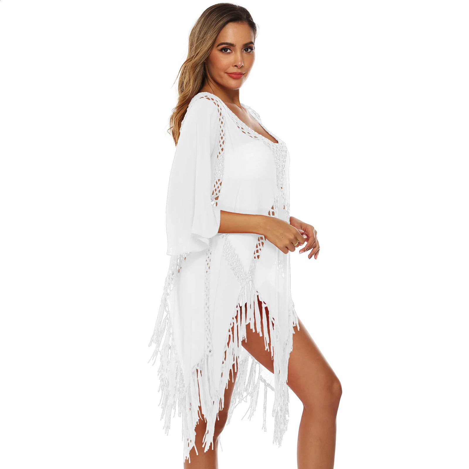 Crochet Bikini backless cover with tassels sexy Vneck camisole beach dress summer swimsuit beachwear 250422
