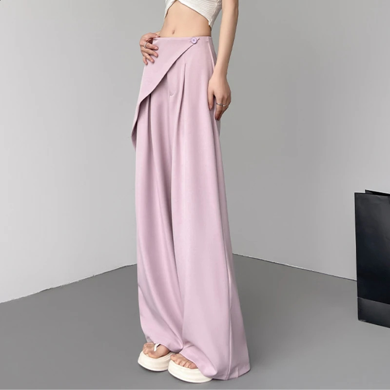 Spring Summer Irregular Wide Leg Suit Pants Women 2025 Button High Waist Straight Casual Loose Korean Trousers Female 250421