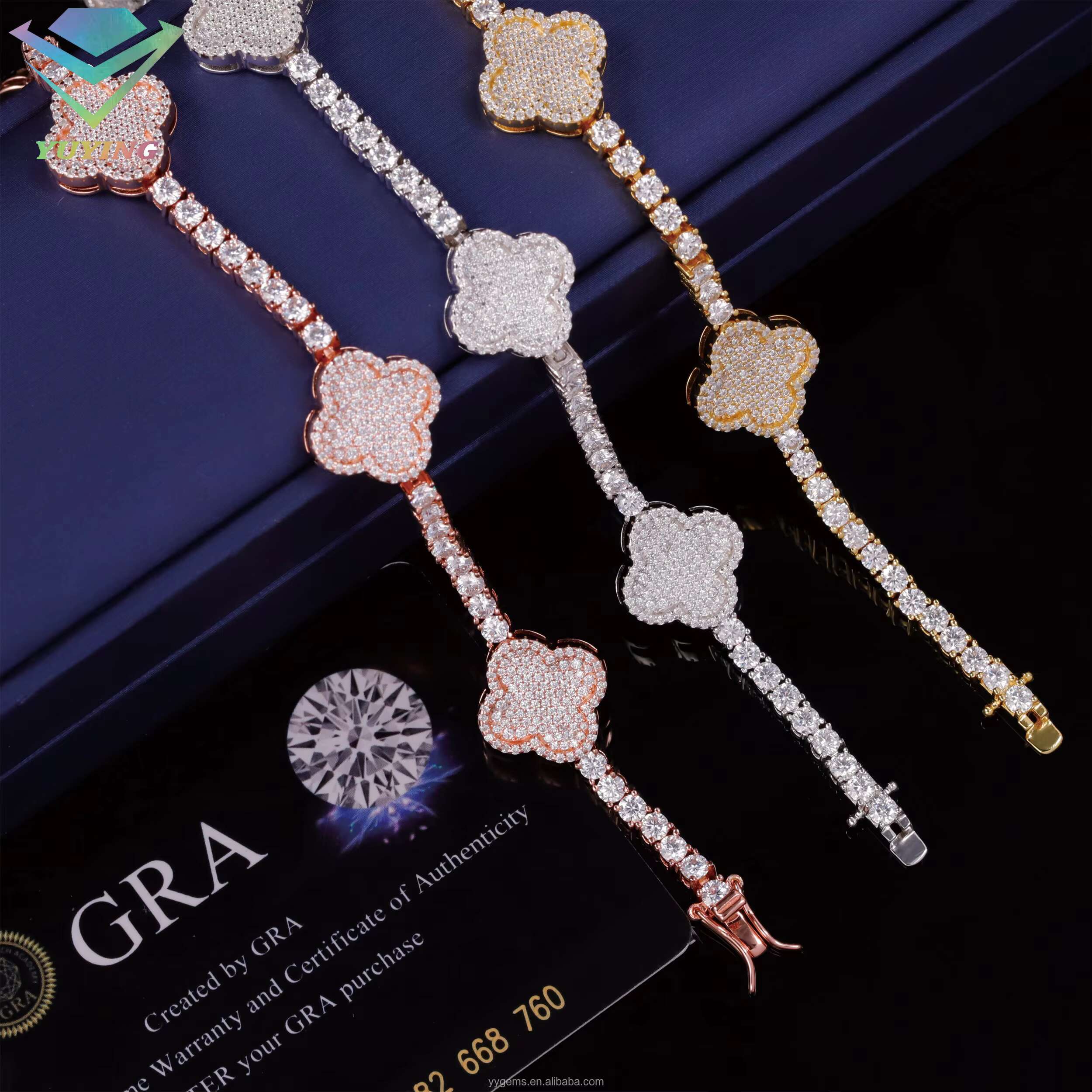 Fashion Four Leaf Gold Plated S925 Silver 3MM 4MM Mossanite Tennis Link Bracelet Clover Charms Tennis Chain Jewelry Bracelet
