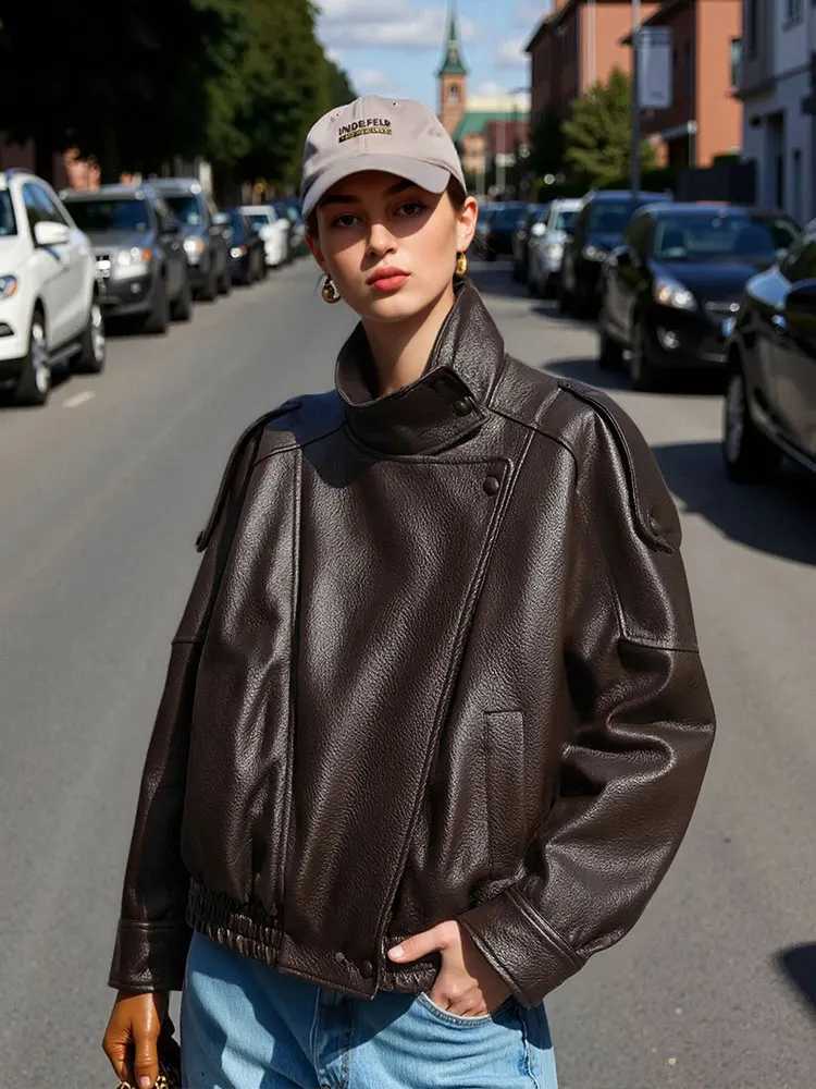 HH Women Vintage Pu Leather Motorcycle Jackets Long Sleeve Turtleneck Zipper Coat Autumn High Street Lady Faux Leather Jacket J251124