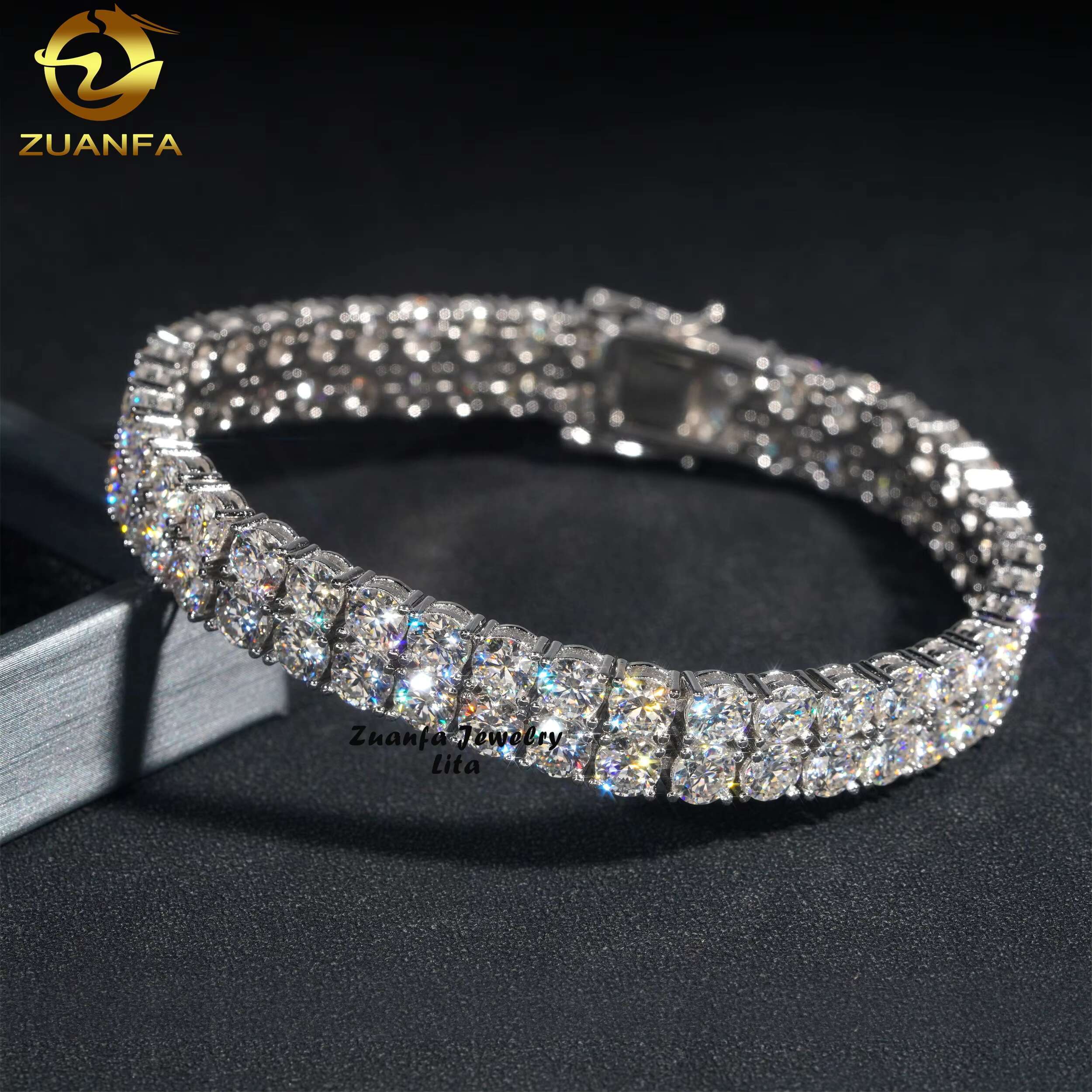 Hip Hop Rapper D Color VVS Diamond Silver Gold Plated 10mm Two Rows Moissanite Tennis Chain Bracelet
