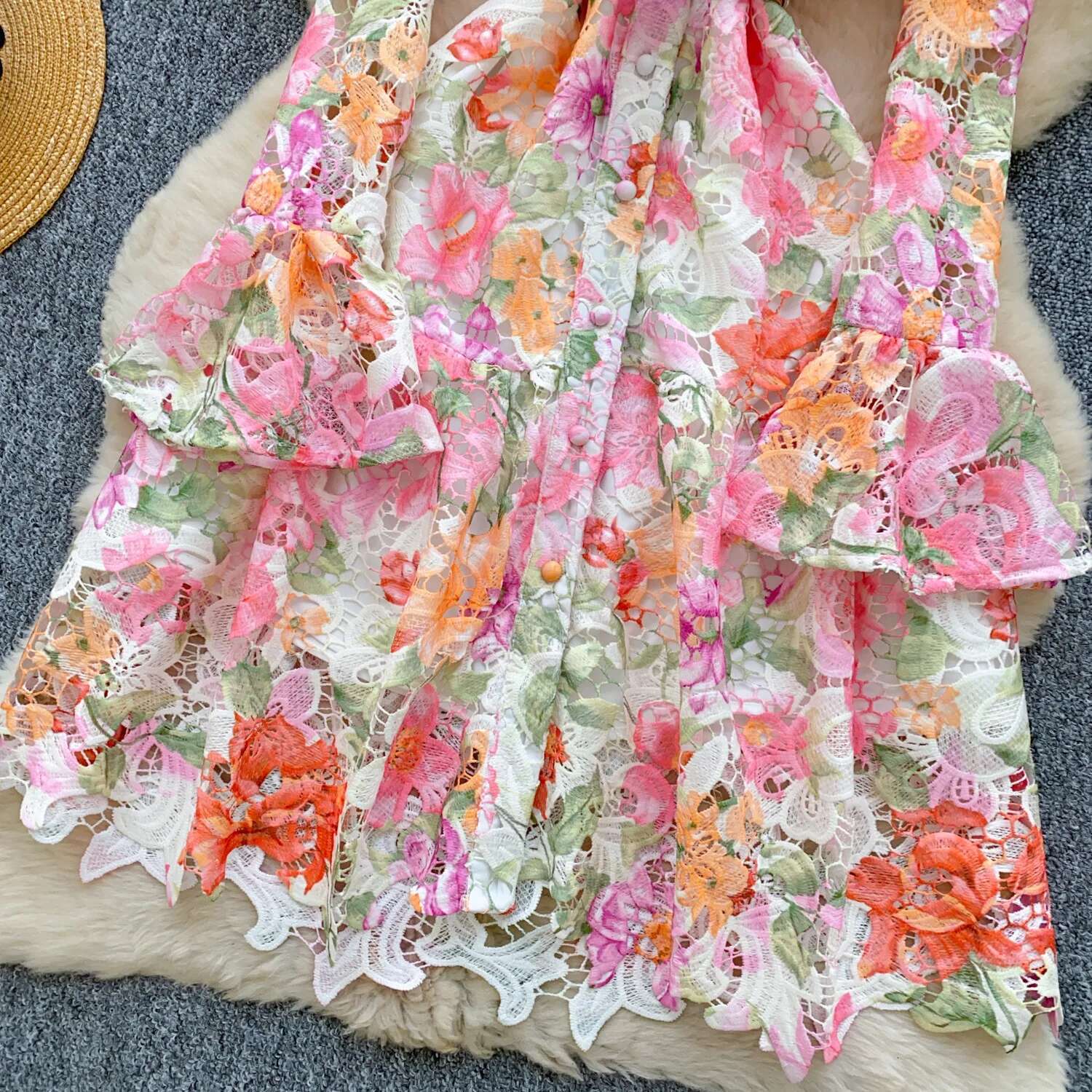 Elegant Flower Embroidery Lace Evening Dresses Women Summer Autumn Flare Long Sleeve Fancy Hollow Out Short Dress Party