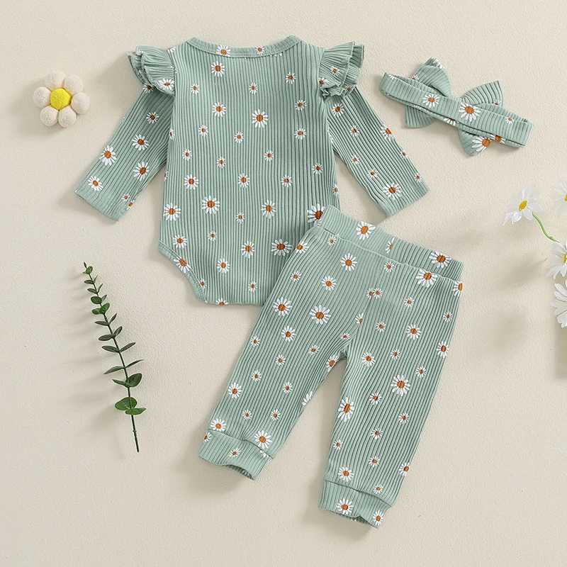 Clothing Sets 2024-06-13 Lioraitiin Baby Girl Ribbed Outfit Print Long Sleeve Romper Elastic Waist Pants Headband 3Pcs Set for Fall R250424