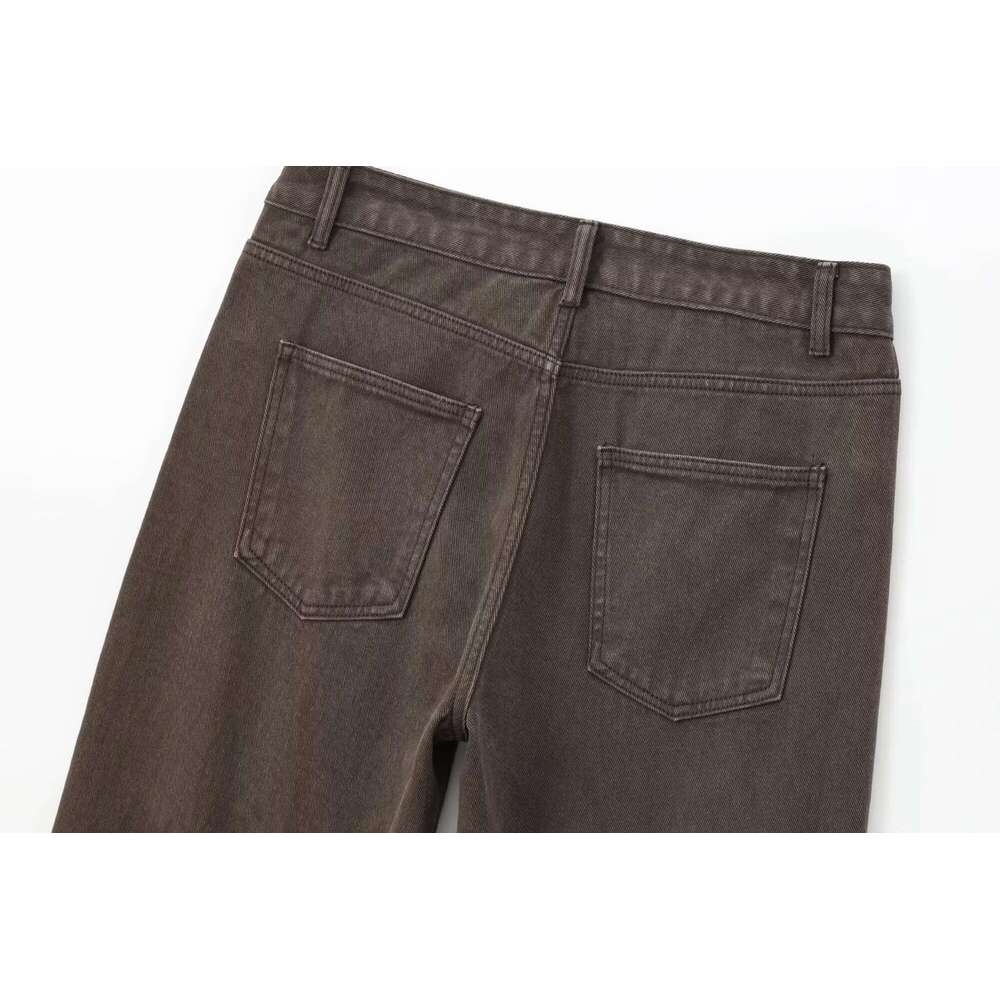Tangada 2025 Women Coffee Long Jeans Trousers Pocket Female Denim Straight Pants 4M0144