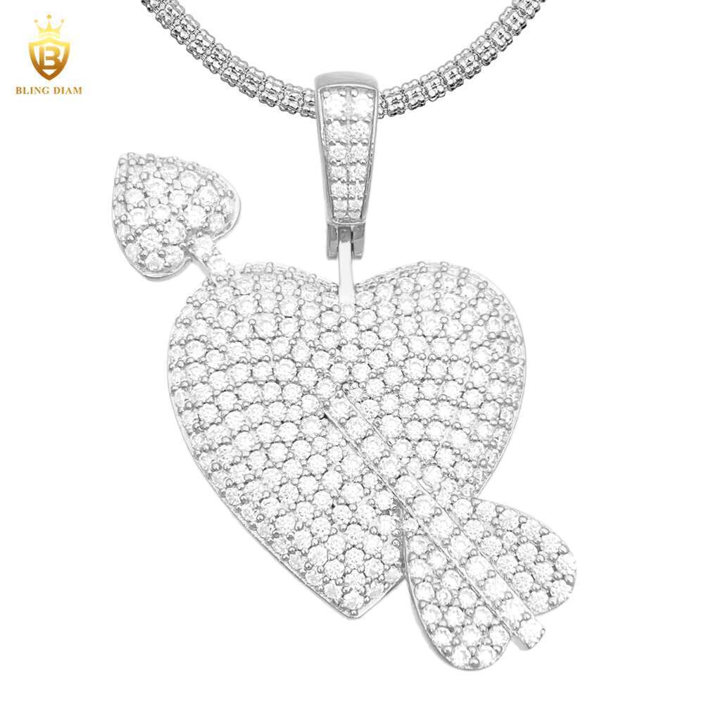 Hip Hop Jewelry Fashion Necklace 925 Sterling Sliver VVS Moissanite Cupids Arrow Heart Charms Pendants