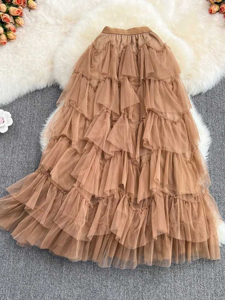 Tutu Tulle Long Skirts Women Spring Korea Solid A-line High Waist Mesh Strap Maxi Skirt Women Faldas Aesthetics M250424