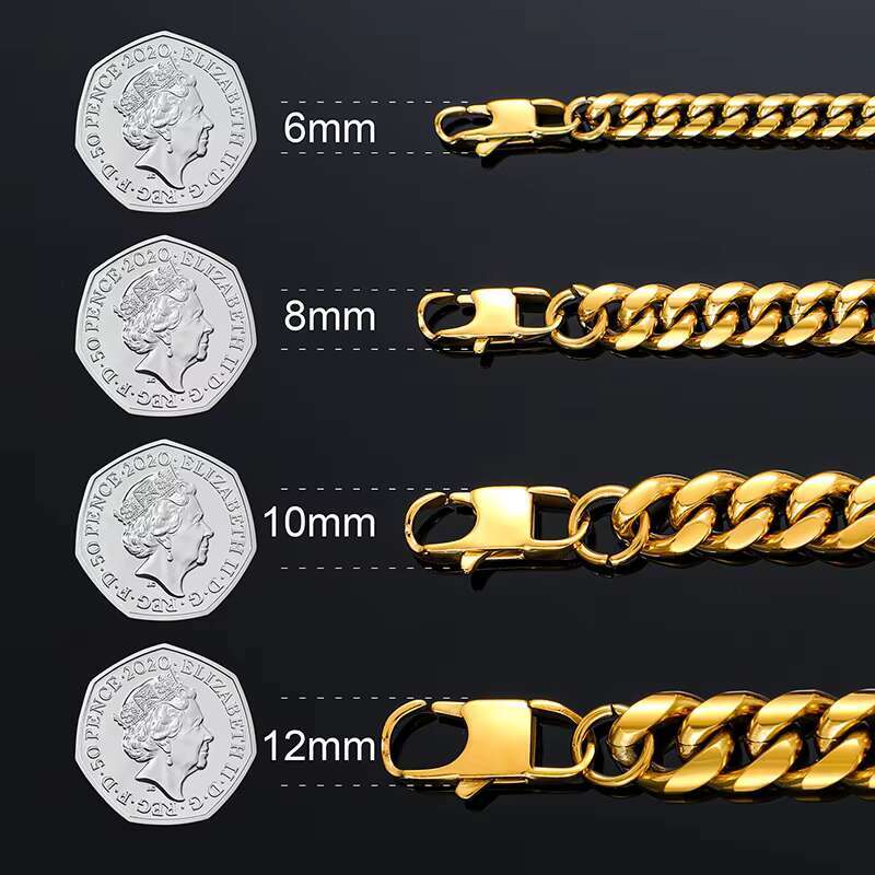 Non Tarnish Free Waterproof Gold Plated Filled Stainless Steel Cuban Chain Mens Hip Hop Jewelry Cuban Link Chain Necklace