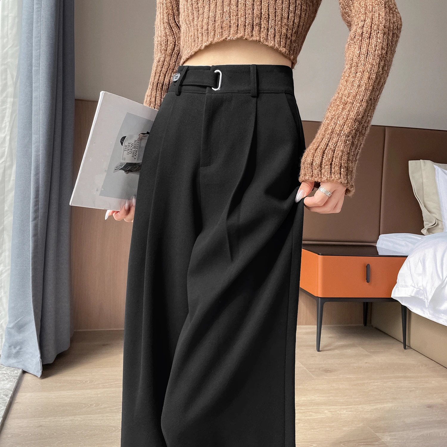 Autumn Winter Red Woolen High Waist Suit Wide Leg Womens Full Pants Female Elegant Straight Casual Loose Trousers 250421