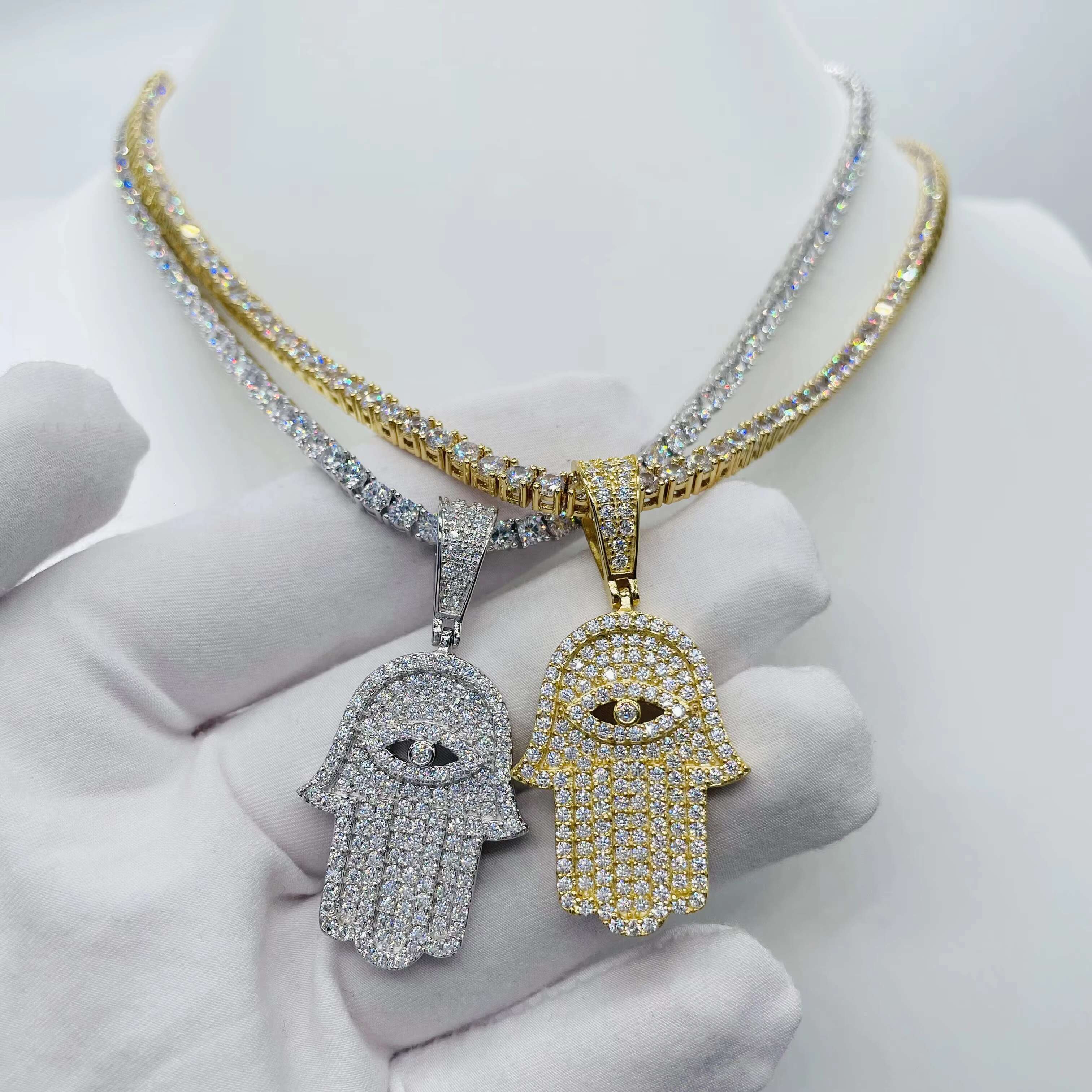 Moissanite Hip Hop Jewelry Women Men 925 Sterling Silver Hamsa Hand Moissanite Iced Out Pendant