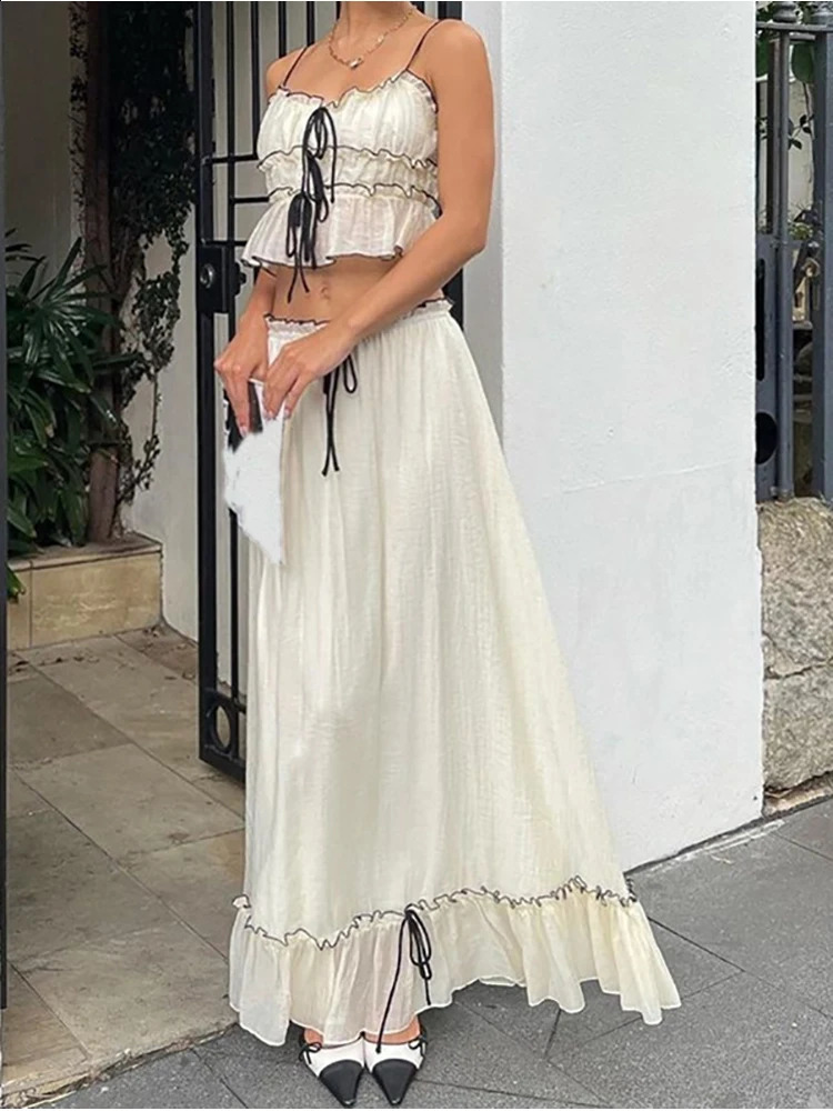 Abrini Elegant Backless Y2K 2-piece Lace spaghetti Strap Folded Hanging Tank TopBeach Skiing Set Holiday Womens Wear 250423