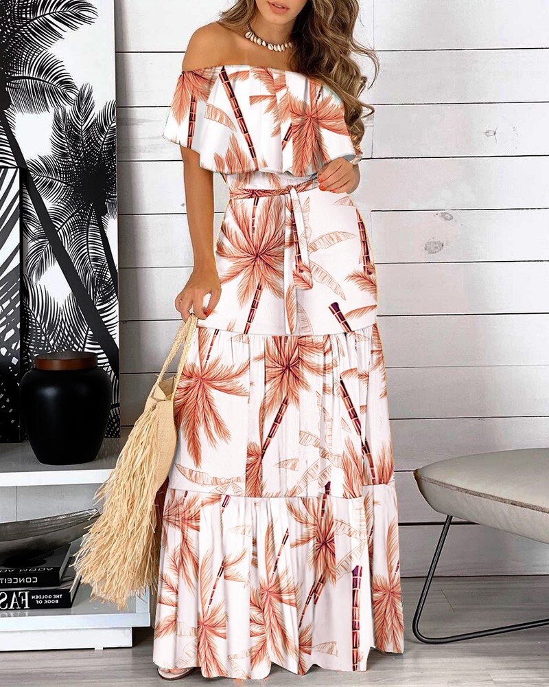 2021 summer ruffled off shoulder short sleeved lace up dress for women