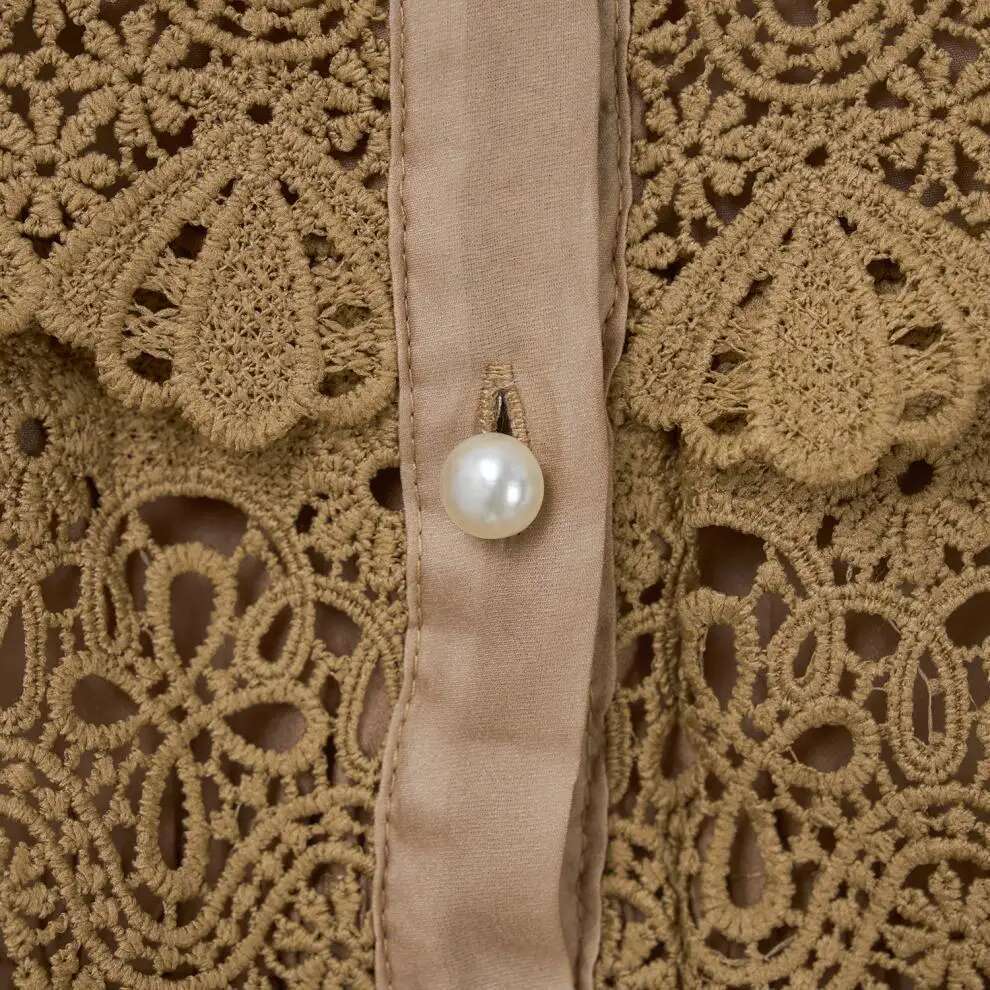 Runway Long Dresses Women Autumn Full Sleeve Single Breasted Pearls Embroidery Hollow Out Crochet Midi Vestidos