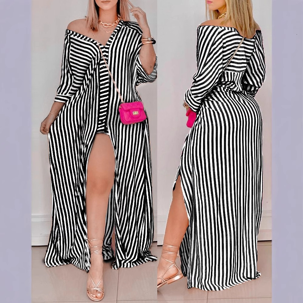 2021 autumn loose long sleeve V-neck striped shirt dress womens wear