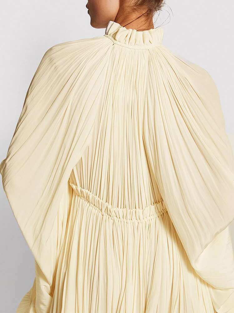 TWOTWINSTYLE Elegant Solid Dresses For Women V Neck Cloak Sleeves High Waist Spliced Lace Up Ruffles Pleated Dress Female Summer