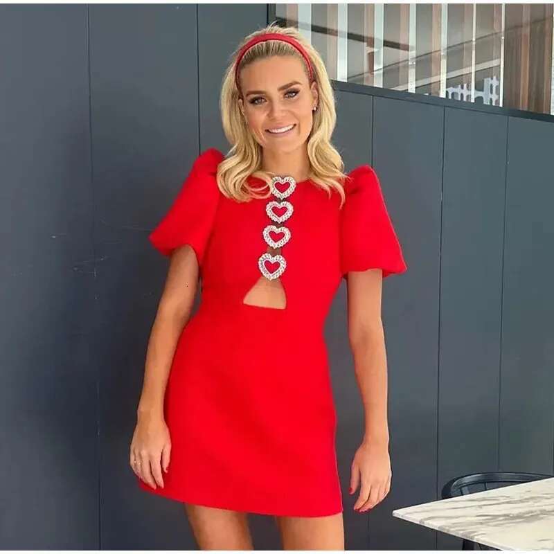 Bow Hollow Out Red Black Mini Dress Women Sexy Puff Sleeve O-Neck Party Dresses 2024 Summer New Elegant Shinny Robe Vestidos