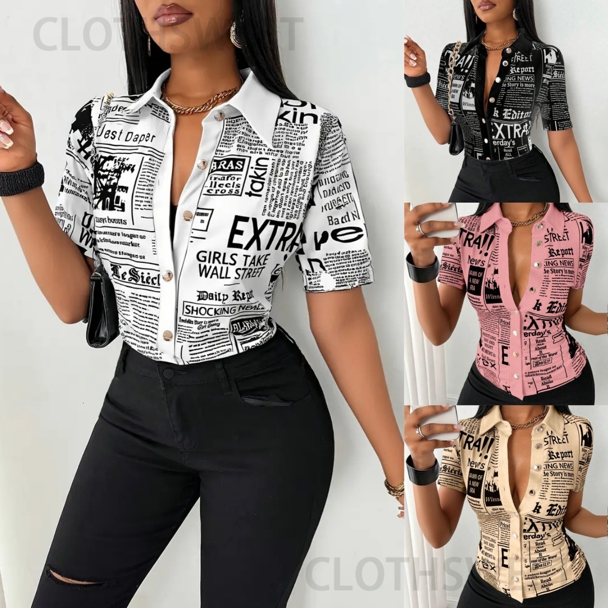 2025 Summer Fashion Newspaper Printed Single breasted V-neck Shirt for Women