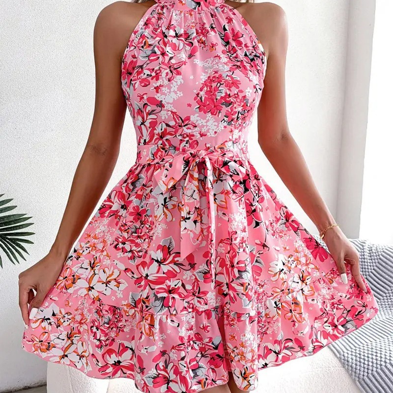 2024 Summer Sleeveless Floral Hanging Neck Waist Dress for Women